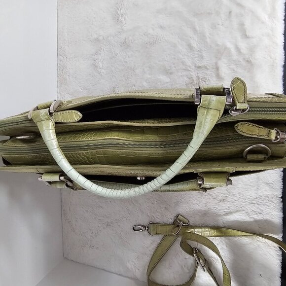Franklin Covey Green Leather Croc Embossed Messenger Organizer Crossbody Tote - Picture 4 of 16